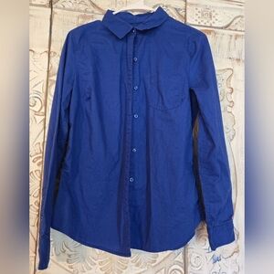 Womens Forever 21 Long Sleeve Button Up Blouse Blue Fitted Med One Pocket